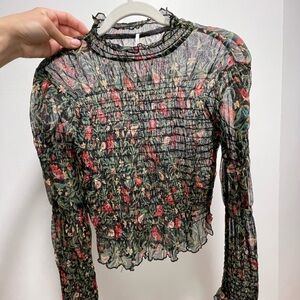 Free People Sheer Smocked Floral Blouse - Green/Red